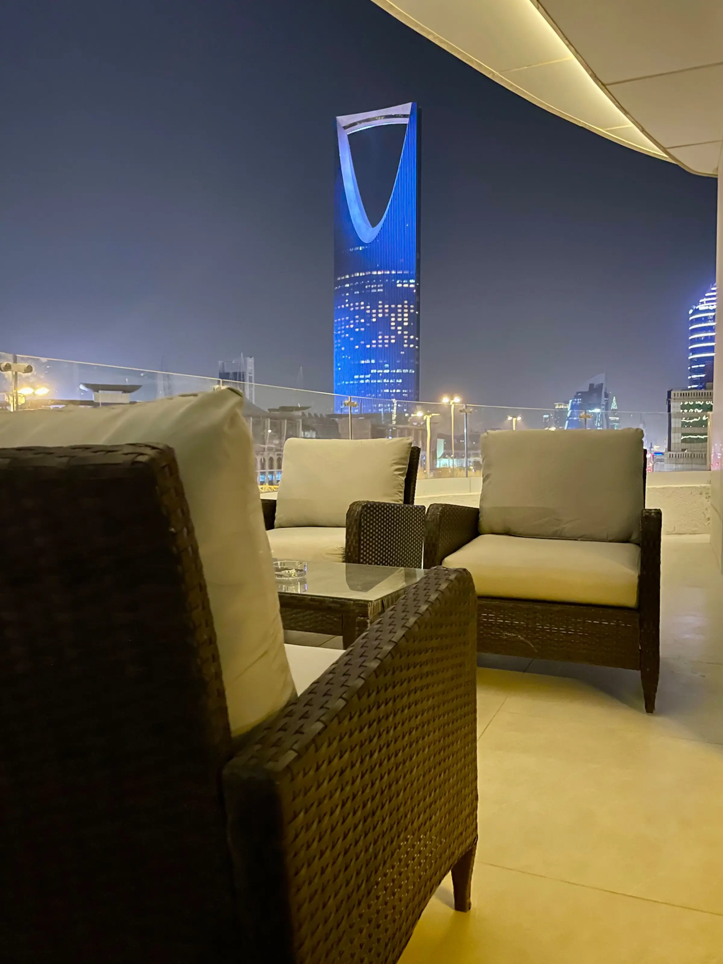 Kingdom Tower at night, seen from a Keys balcony